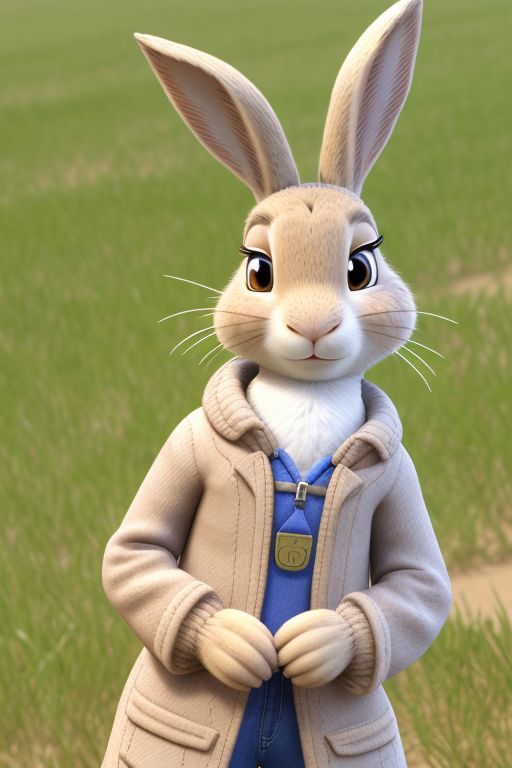 A anthropomorphic bunny in a field wearing a jacket.