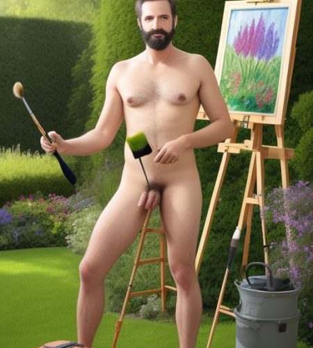 A naked man in the garden